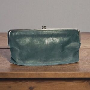 Hobo Vintage Hide Collection Lauren Double Frame Clutch Green Wallet.